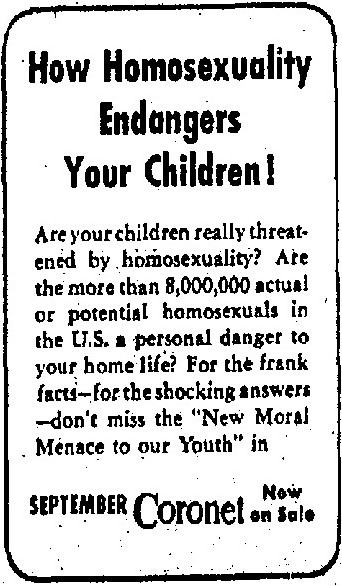 How Homosexuality Endangers your Children, Advertisement, Los Angeles Times, August 23, 1950